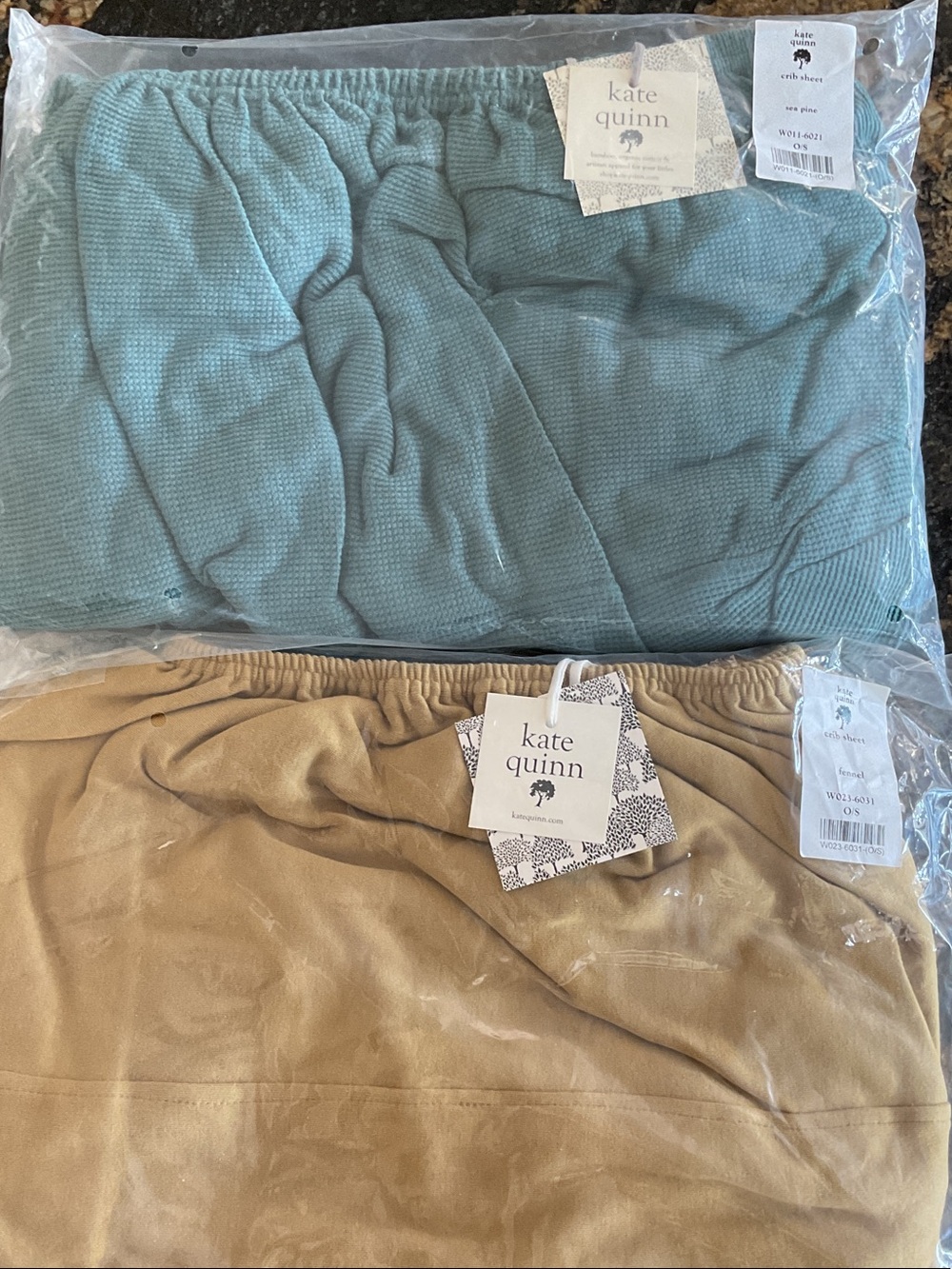kate quinn Teal and Tan Waffle Knit and Solid Crib Sheets fits on a crib mattr